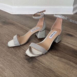 Steve Madden Silver Crystal Strap Block Heel Sandals